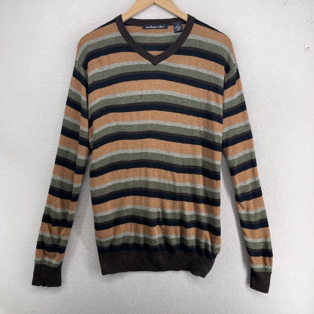NORTHERN ISLES Sweater Mens M Silk Cashmere Blend Striped V-Neck Pullover Brown